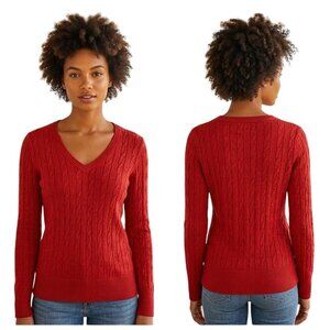 Merona Womens Sweater Size XS Red Cable Knit V-Neck Pullover Classic Casual Cozy